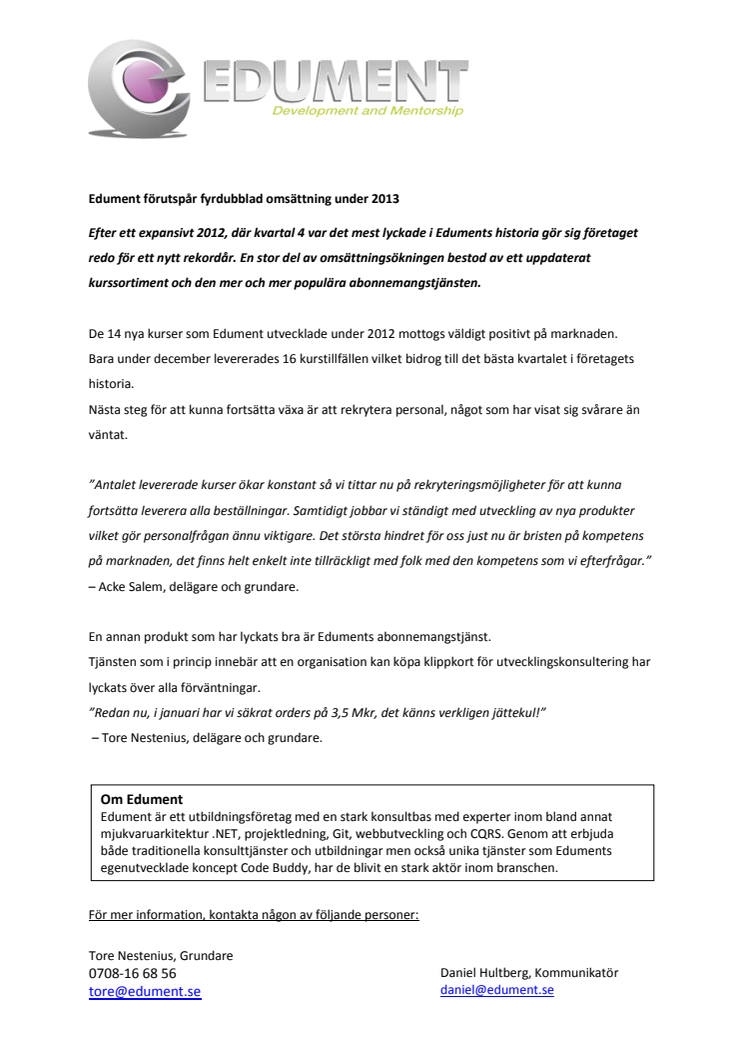 Edument förutspår fyrdubblad omsättning under 2013