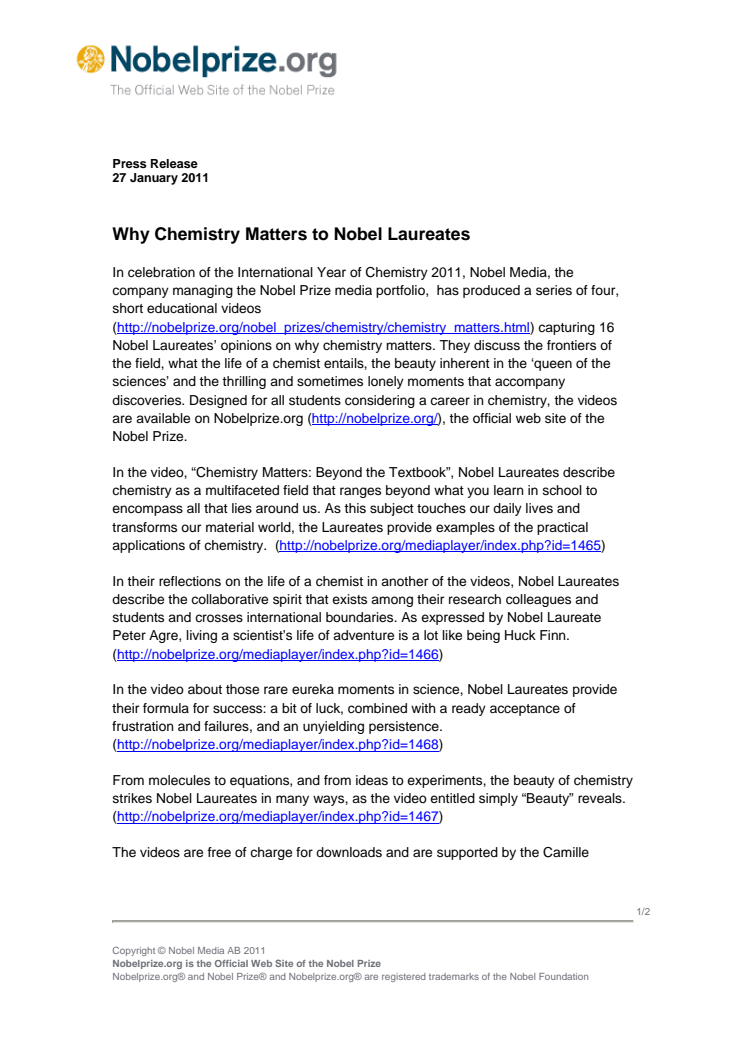 Why Chemistry Matters to Nobel Laureates 