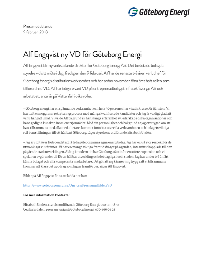 Alf Engqvist ny VD för Göteborg Energi