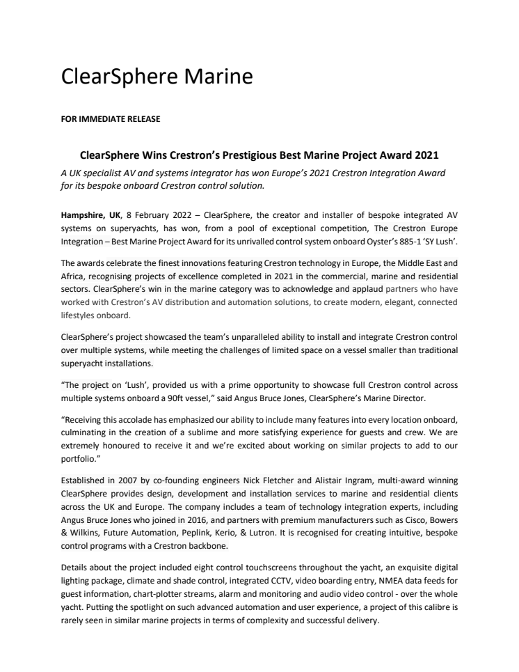 8 Feb 2022 - ClearSphere Wins Crestron’s Prestigious Best Marine Project Award 2021.pdf