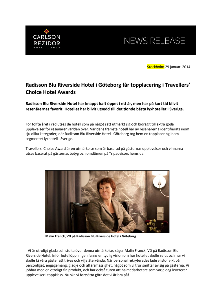 Radisson Blu Riverside Hotel i Göteborg får topplacering i Travellers’ Choice Hotel Awards