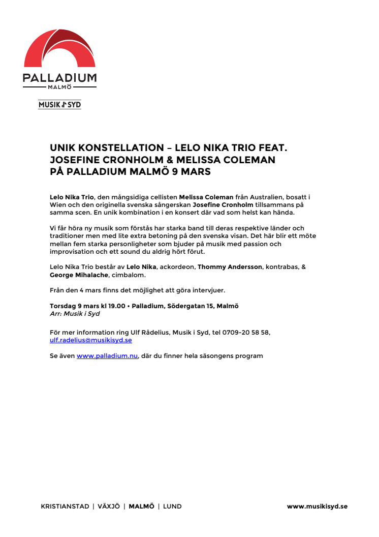 Unik konstellation där allt kan hända – Lelo Nika Trio feat. Josefine Cronholm & Melissa Coleman på Palladium Malmö 9 mars