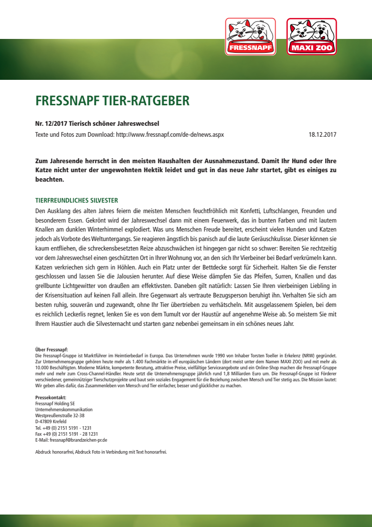 Fressnapf Tier-Ratgeber 12/17: Tierisch schöner Jahreswechsel