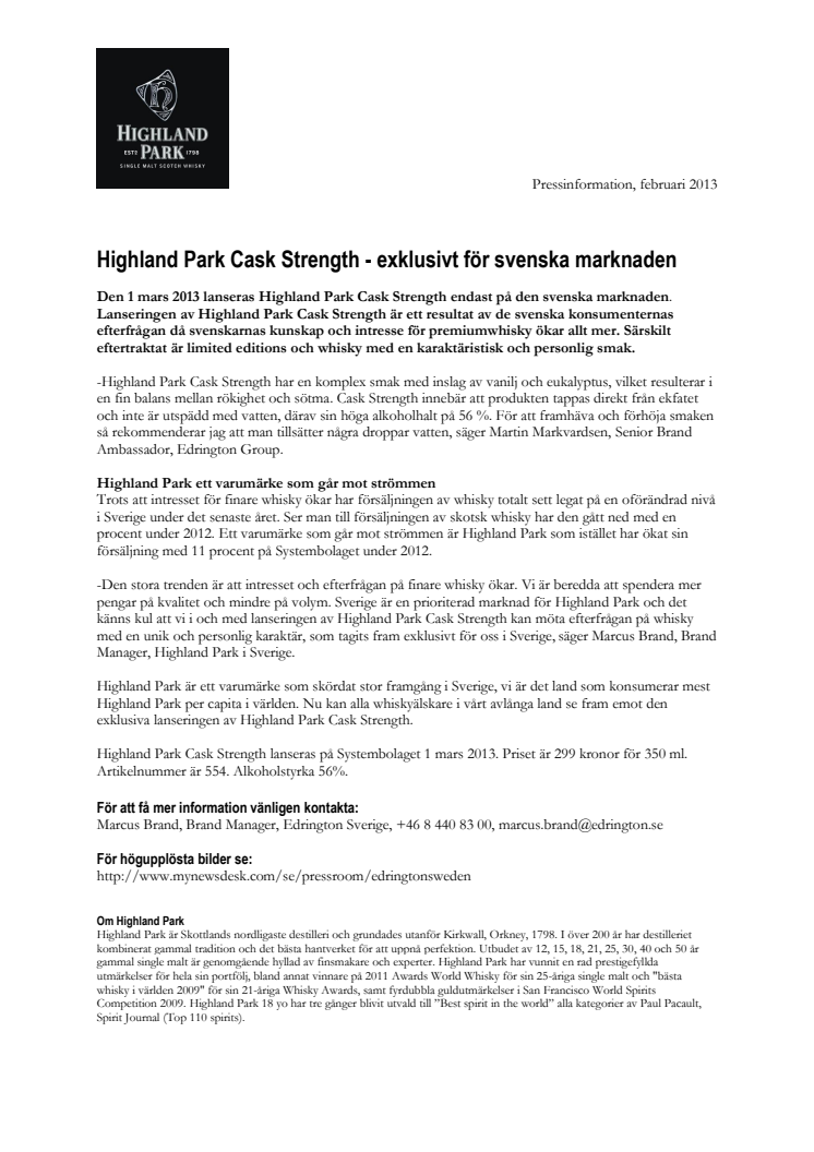 Highland Park Cask Strength - exklusivt för svenska marknaden