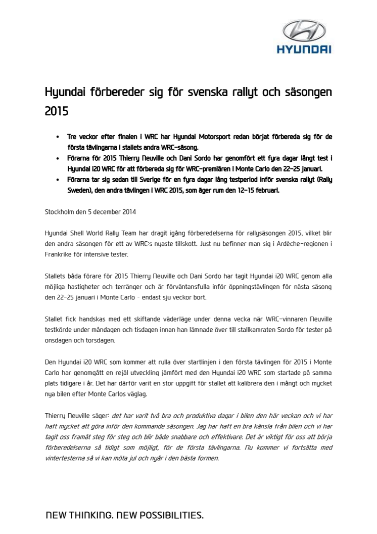 Hyundai förbereder sig för svenska rallyt och säsongen 2015