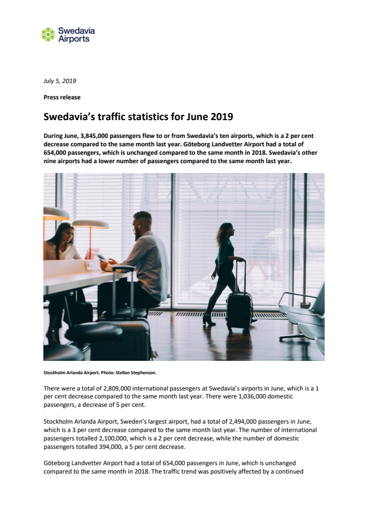 Swedavia's traffic statistics for June 2019