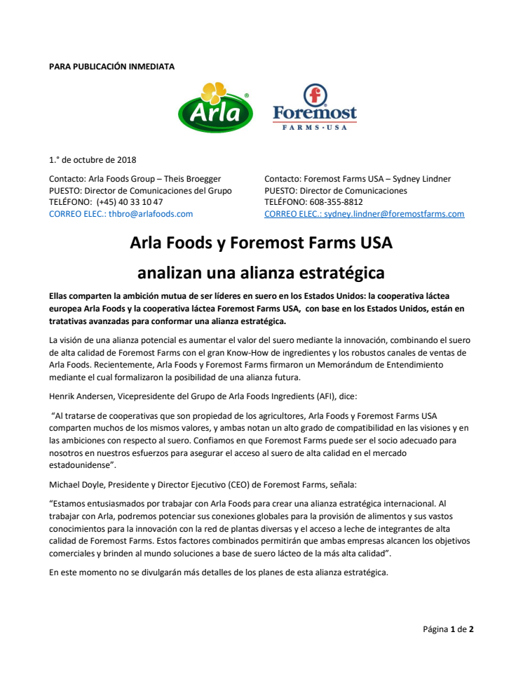 Arla Foods y Foremost Farms USA analizan una alianza estratégica