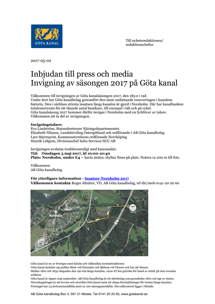 Pressinbjudan Öppning Göta kanalsäsong 2017
