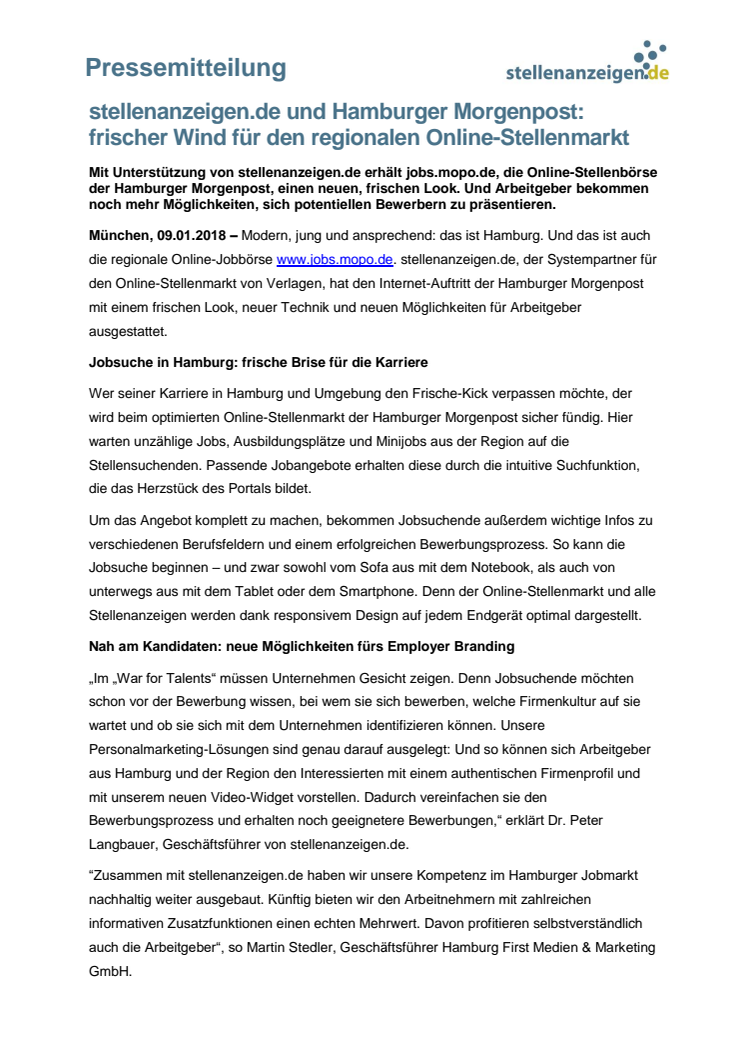 stellenanzeigen.de und Hamburger Morgenpost: frischer Wind für den regionalen Online-Stellenmarkt