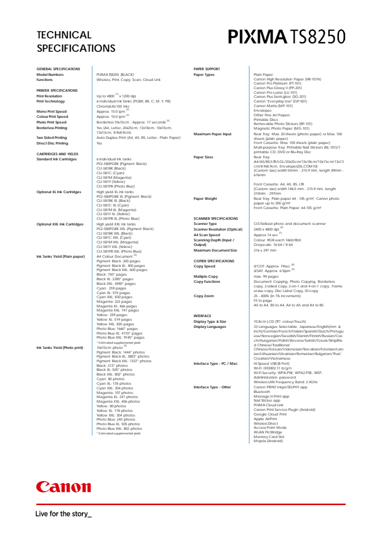 Pixma TS8250 Spec Sheet