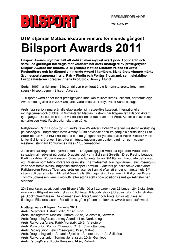 DTM-stjärnan Mattias Ekström vinnare för nionde gången! Bilsport Awards 2011