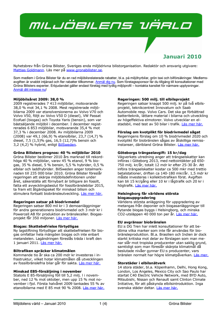 Gröna Bilisters nyhetsbrev för januari 2010
