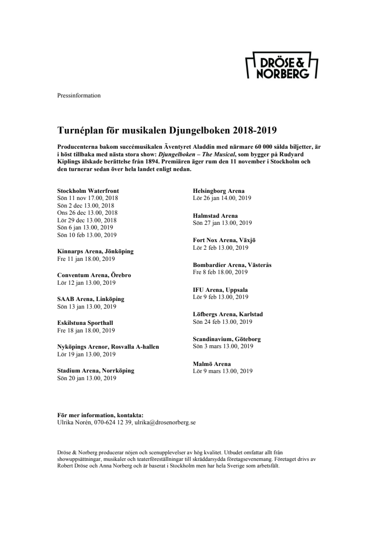 Turnéplan för musikalen Djungelboken 2018-2019