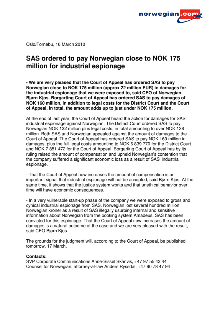 SAS ordered to pay Norwegian close to NOK 175 million for industrial espionage 