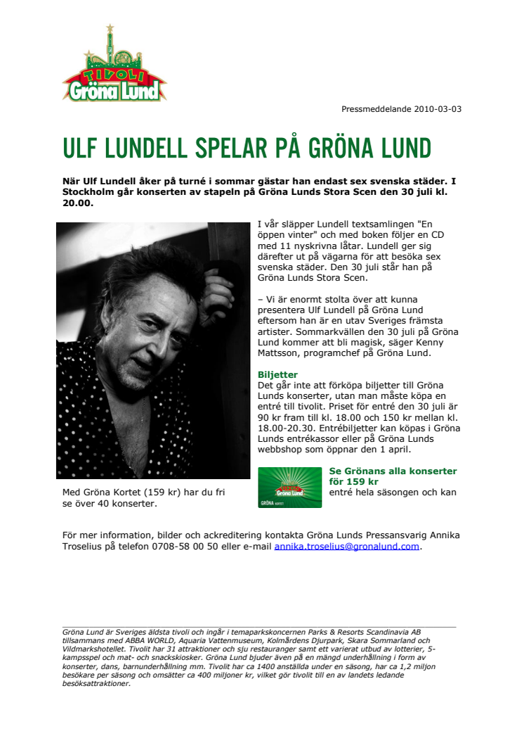 Ulf Lundell till Gröna Lund
