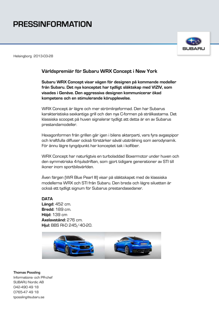 Världspremiär för Subaru WRX Concept i New York