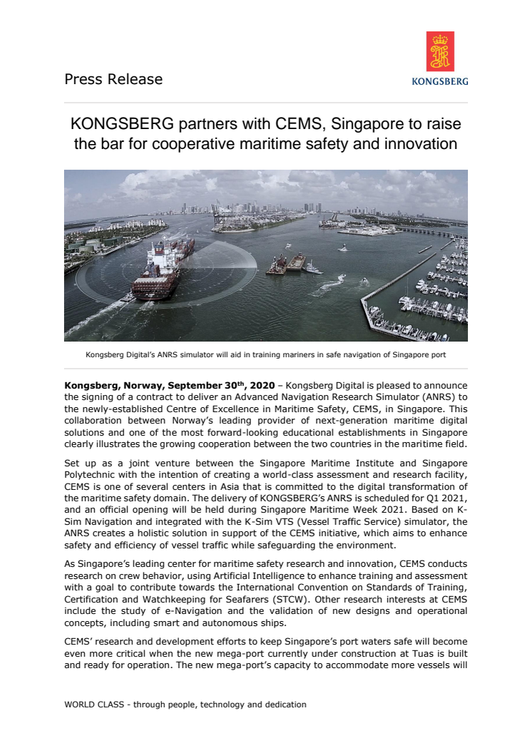 KONGSBERG partners with CEMS, Singapore to raise the bar for cooperative maritime safety and innovation 