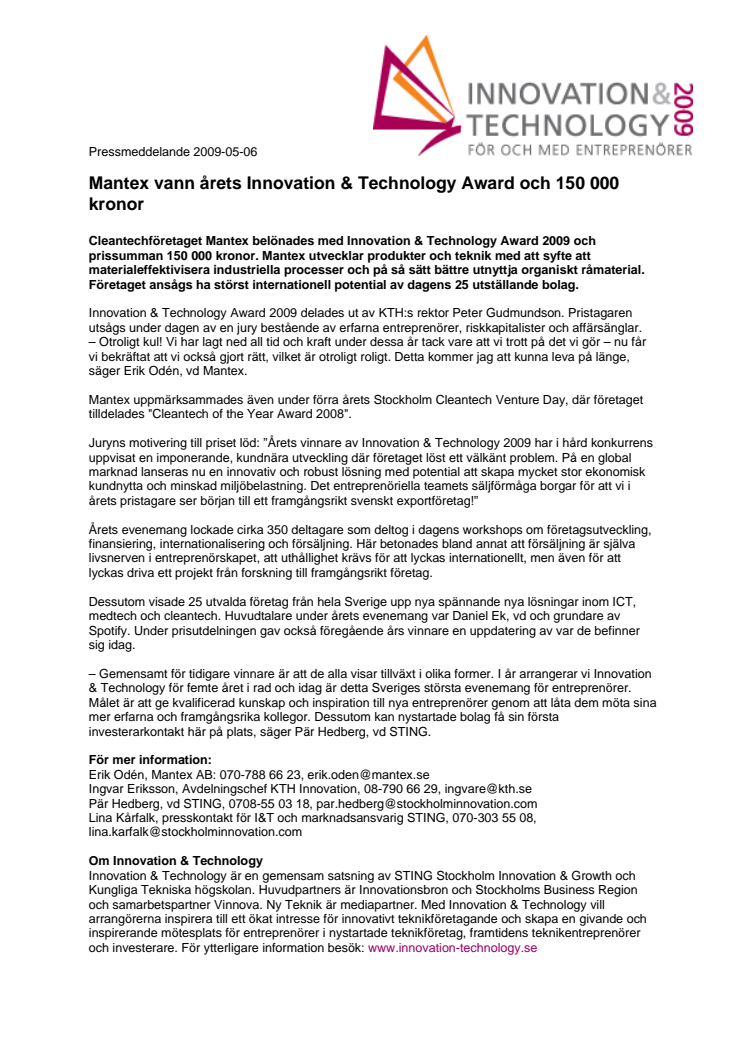 Mantex vann årets Innovation & Technology Award och 150 000 kronor 