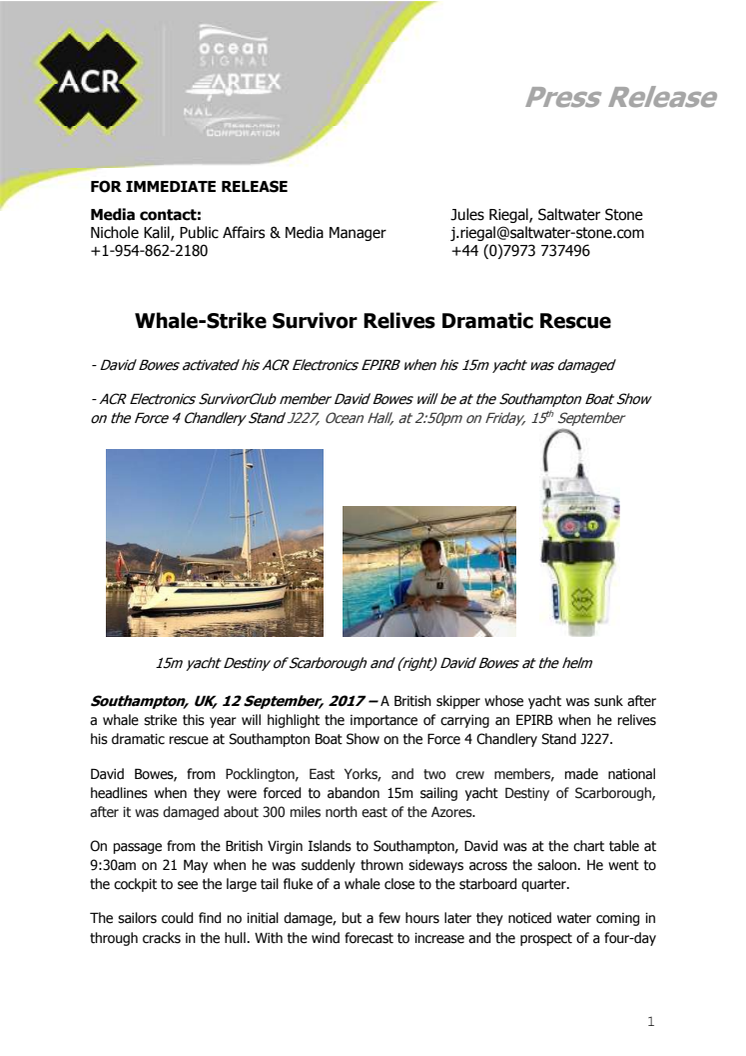 ACR Electronics - Southampton Boat Show: Whale-Strike Survivor Relives Dramatic Rescue (Stand J227)