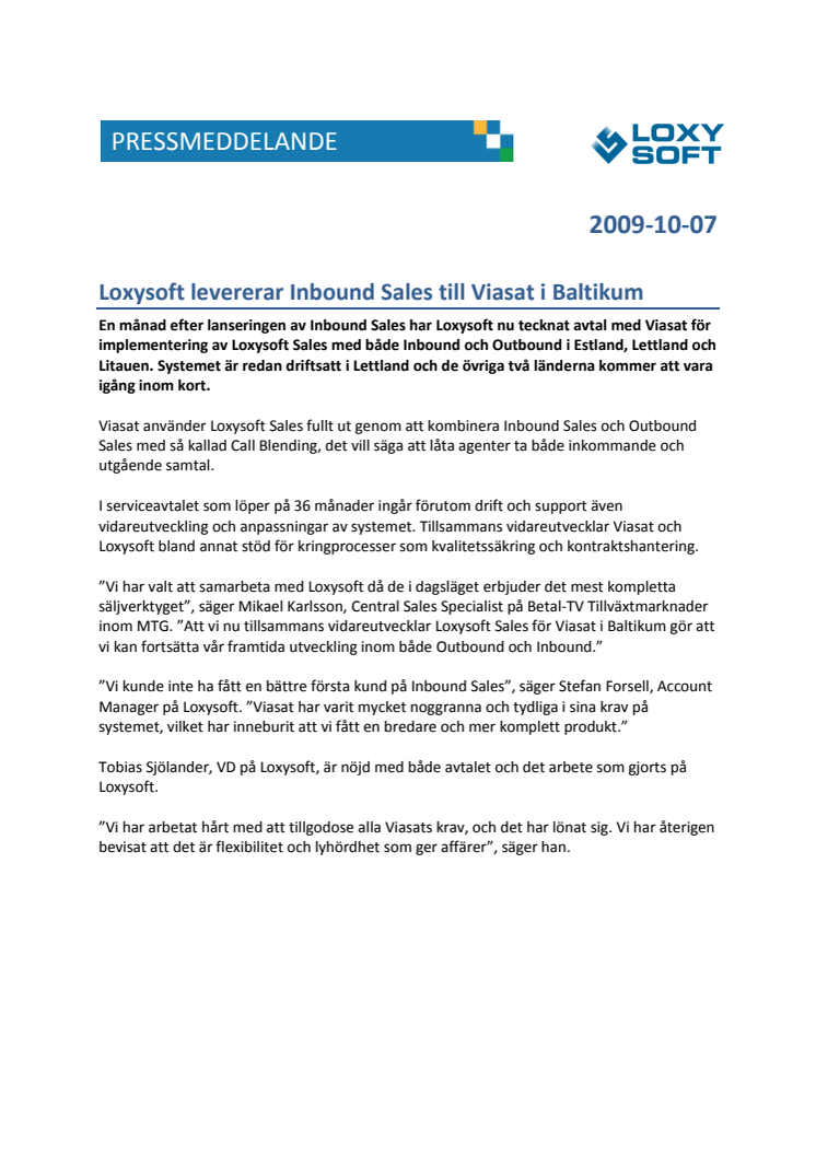 Loxysoft levererar Inbound Sales till Viasat i Baltikum