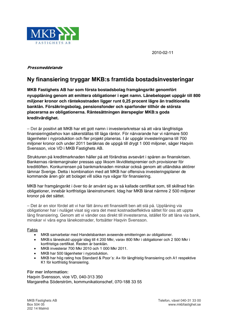 Ny finansiering tryggar MKB:s framtida bostadsinvesteringar 