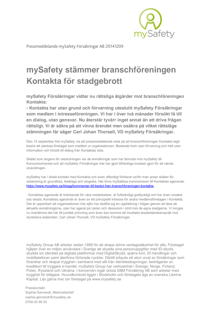 mySafety Försäkringar stämmer branschföreningen Kontakta för stadgebrott