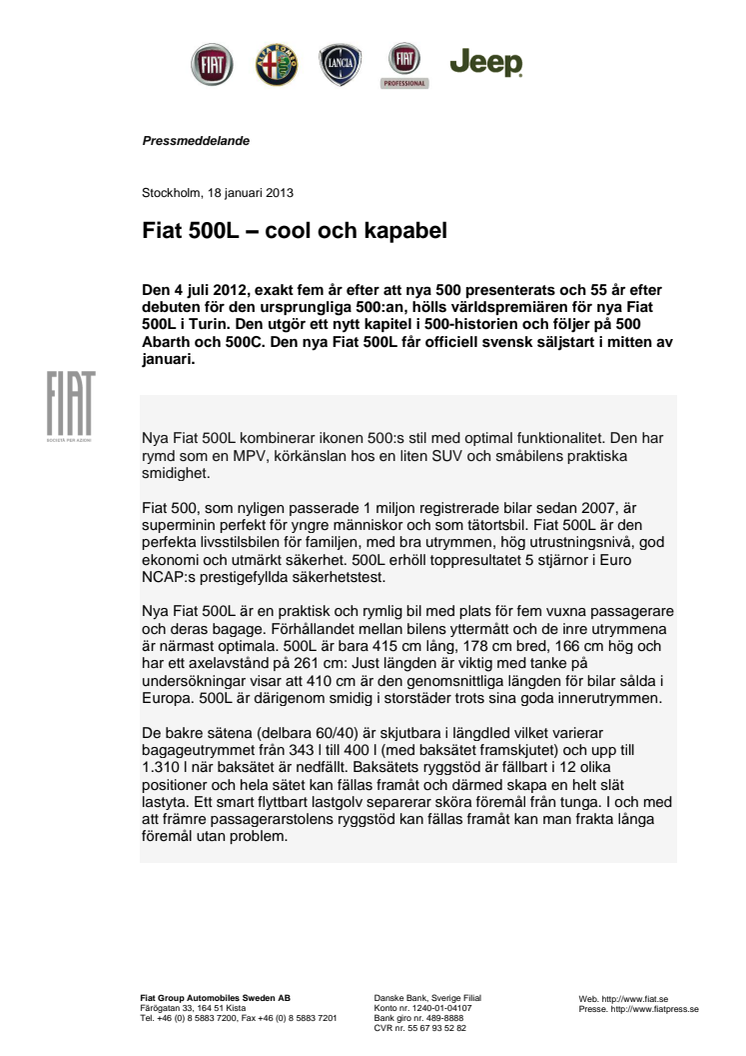 Svensk säljstart för coola och kapabla Fiat 500L