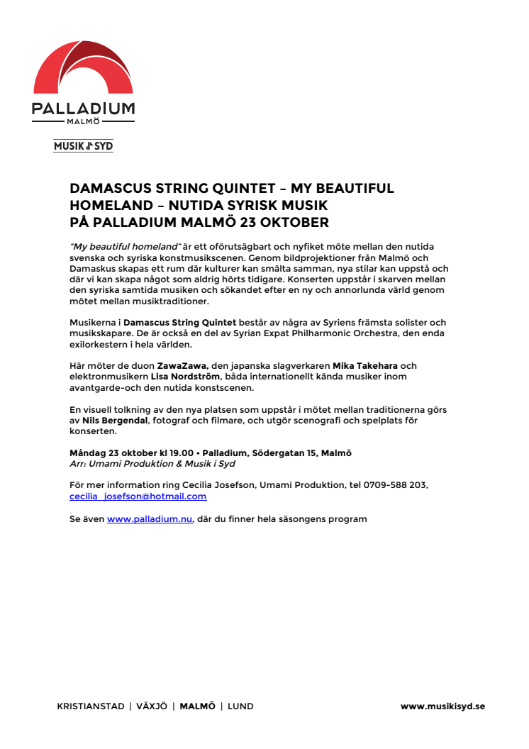 Damascus String Quintet – My Beautiful Homeland – nutida syrisk musik på Palladium Malmö 23 oktober