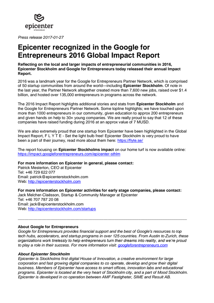 Epicenter uppmärksammade i Google for Entrepreneurs 2016 Global Impact Report