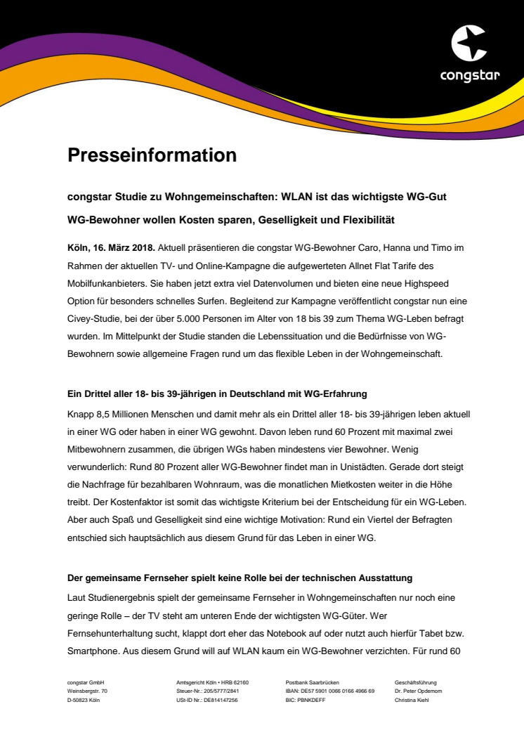 congstar Studie zu Wohngemeinschaften: WLAN ist das wichtigste WG-Gut