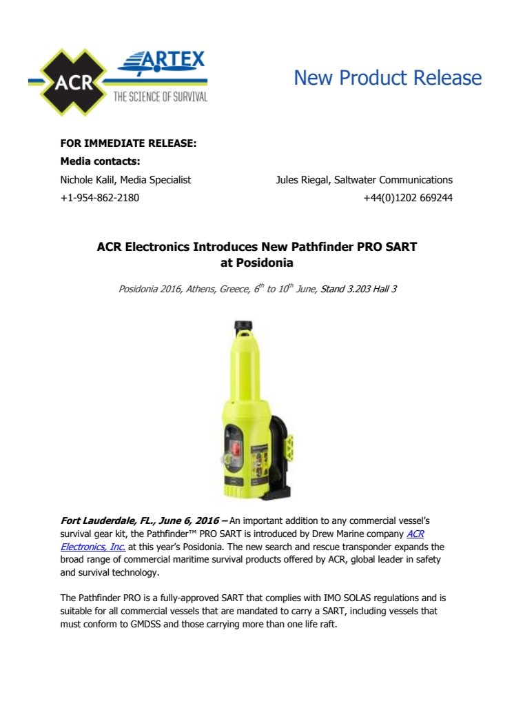 June 2016- ACR Electronics - #2 ACR Electronics Introduces New Pathfinder PRO SART at Posidonia