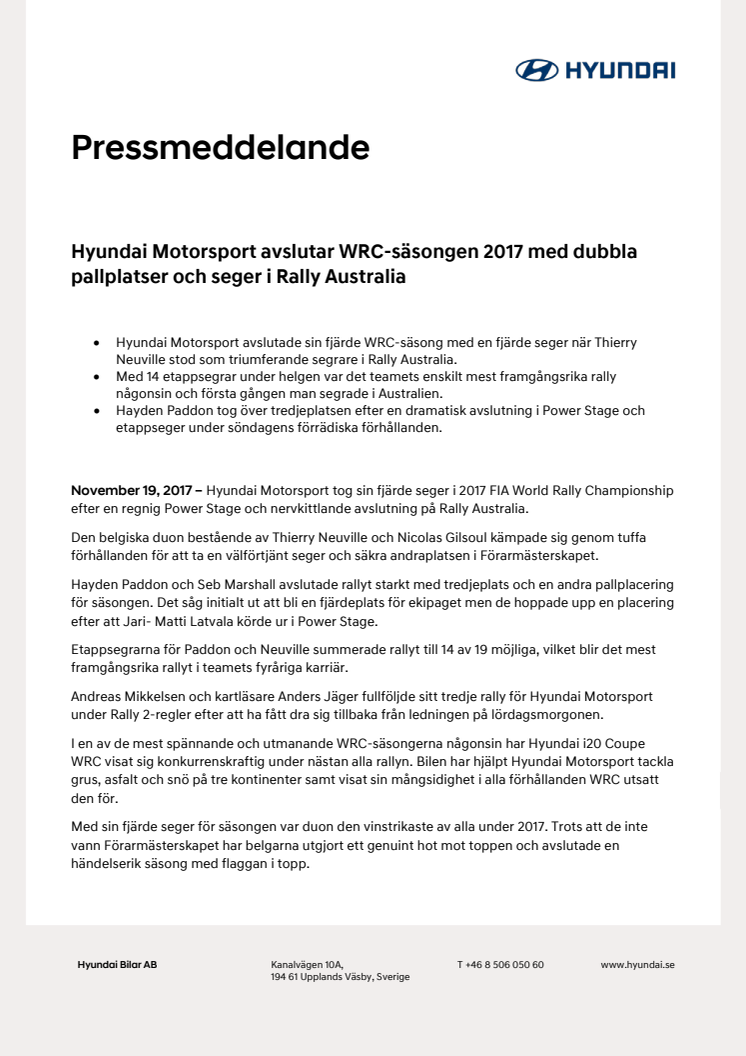Hyundai Motorsport avslutar WRC-säsongen 2017 med dubbla pallplatser och seger i Rally Australia