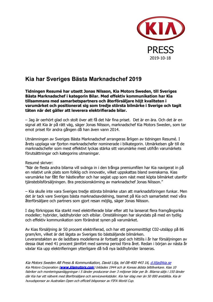 Kia har Sveriges Bästa Marknadschef 2019
