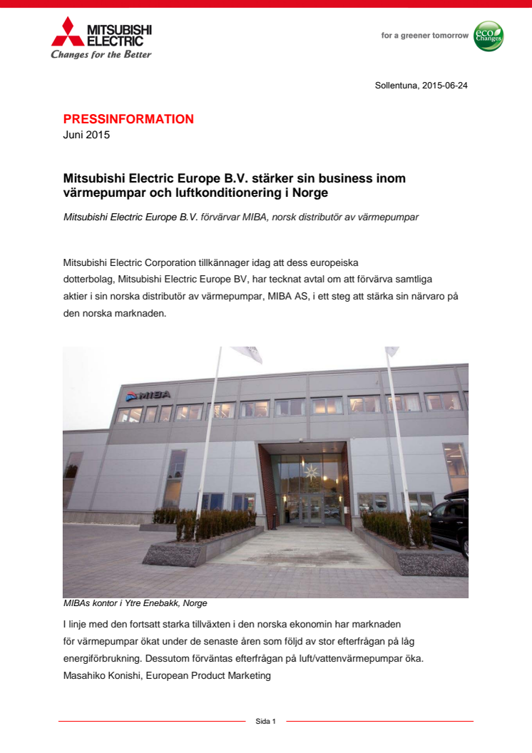 Mitsubishi Electric Europe B.V. stärker sin business inom värmepumpar och luftkonditionering i Norge