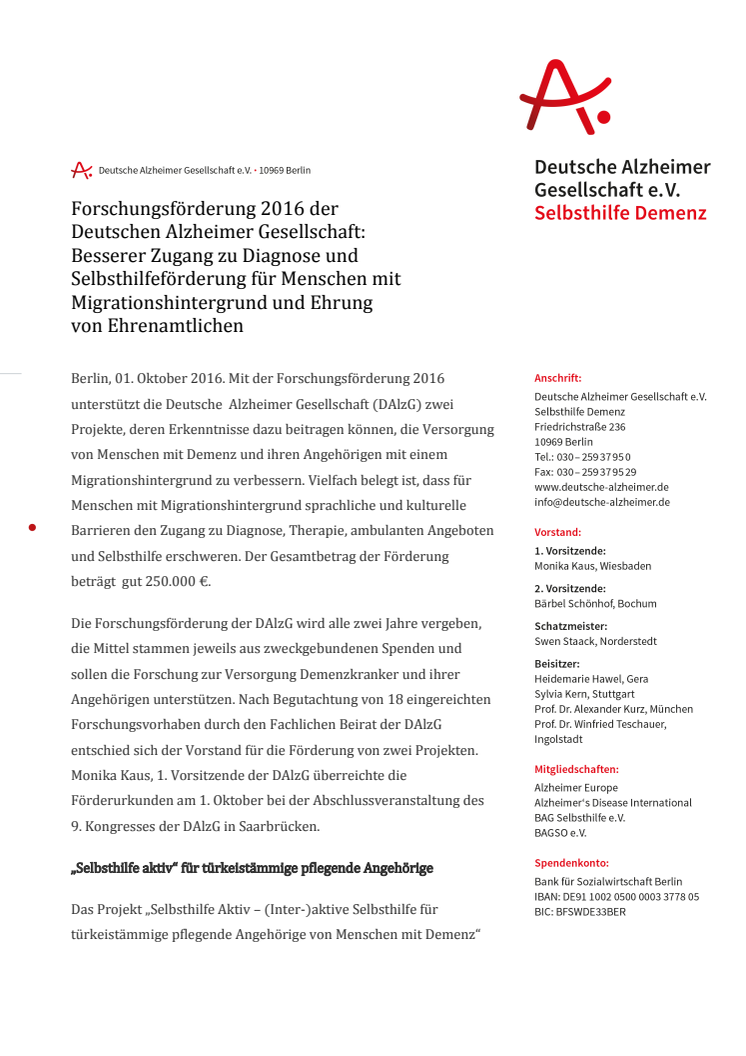 Forschungsförderung 2016 der Deutschen Alzheimer Gesellschaft:  Besserer Zugang zu Diagnose und Selbsthilfeförderung für Menschen mit Migrationshintergrund und Ehrung von Ehrenamtlichen