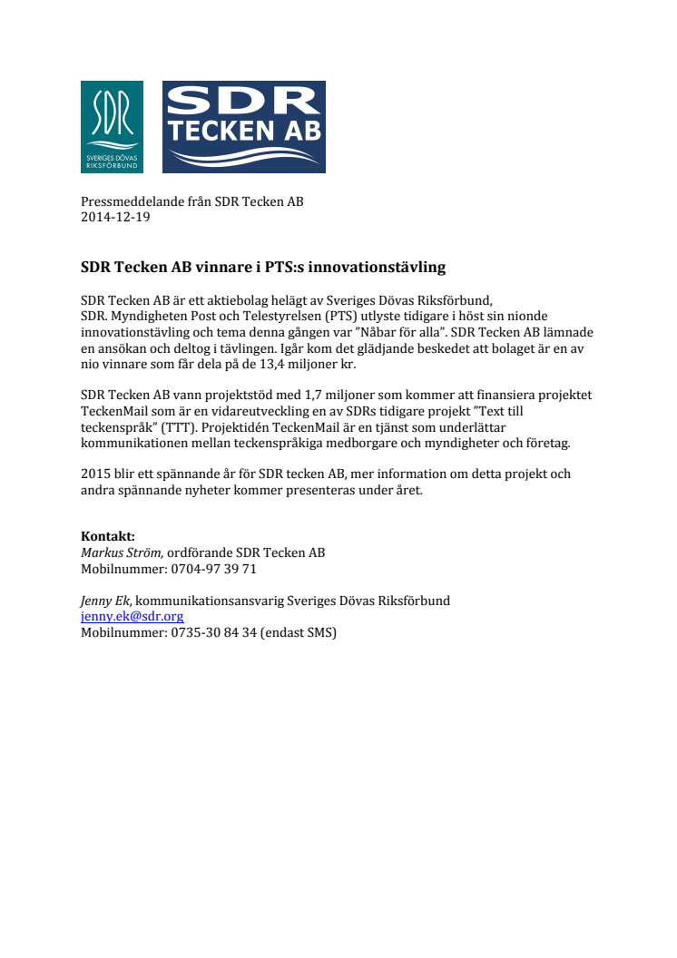 SDR Tecken AB vinnare i PTS:s innovationstävling