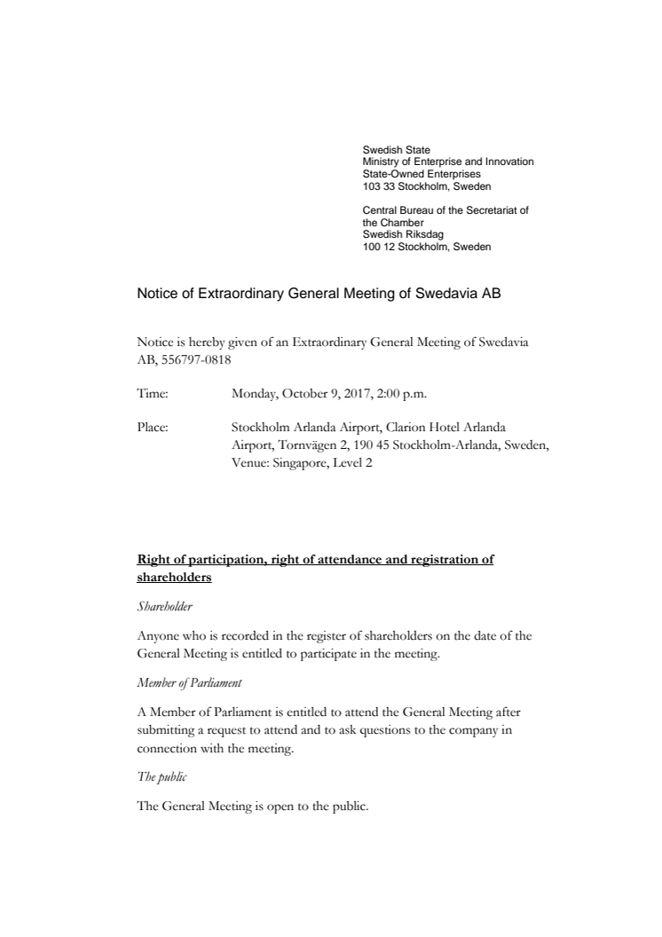 Notice of Extraordinary General Meeting of Swedavia AB 