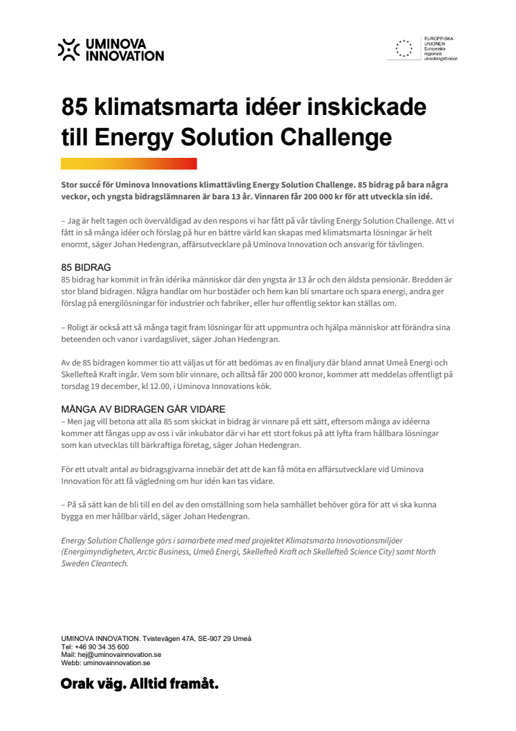 85 klimatsmarta idéer inskickade till Energy Solution Challenge