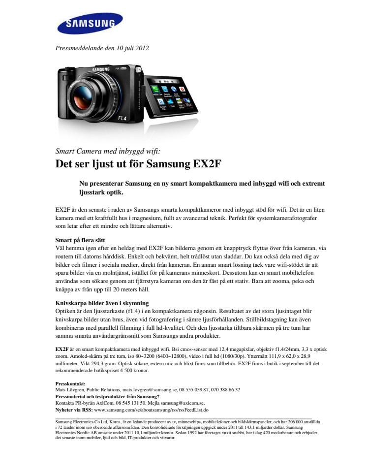 Smart Camera med inbyggd wifi: Det ser ljust ut för Samsung EX2F
