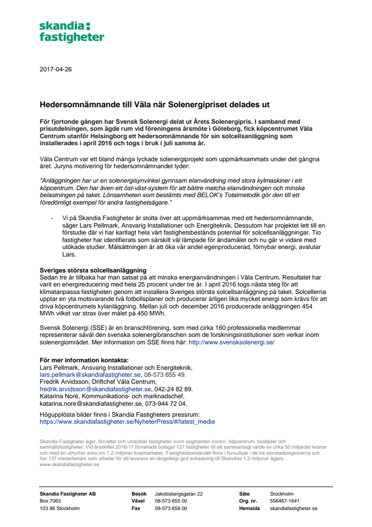 Hedersomnämnande till Väla när Solenergipriset delades ut