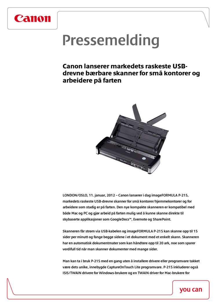 Canon lanserer markedets raskeste USB-drevne bærbare skanner