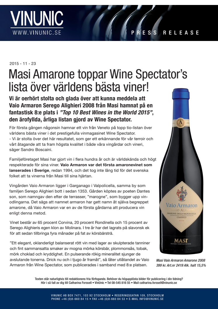 Masi Amarone toppar Wine Spectator’s lista över världens bästa viner!