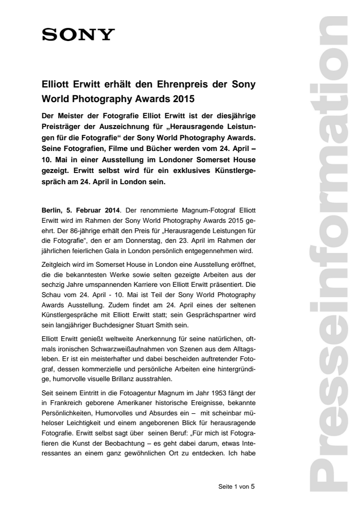 Elliott Erwitt erhält den Ehrenpreis der Sony World Photography Awards 2015