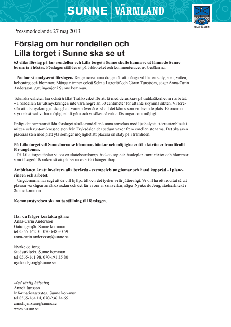 Förslag om hur rondellen och Lilla torget i Sunne ska se ut