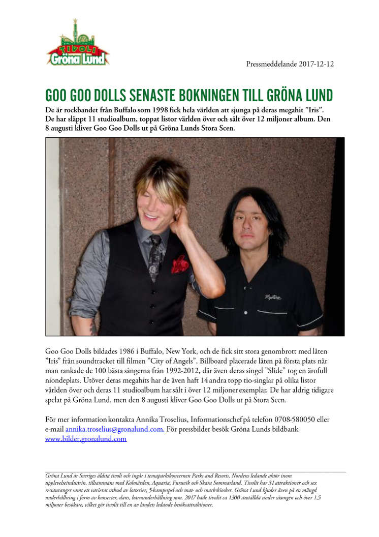Goo Goo Dolls senaste bokningen till Gröna Lund