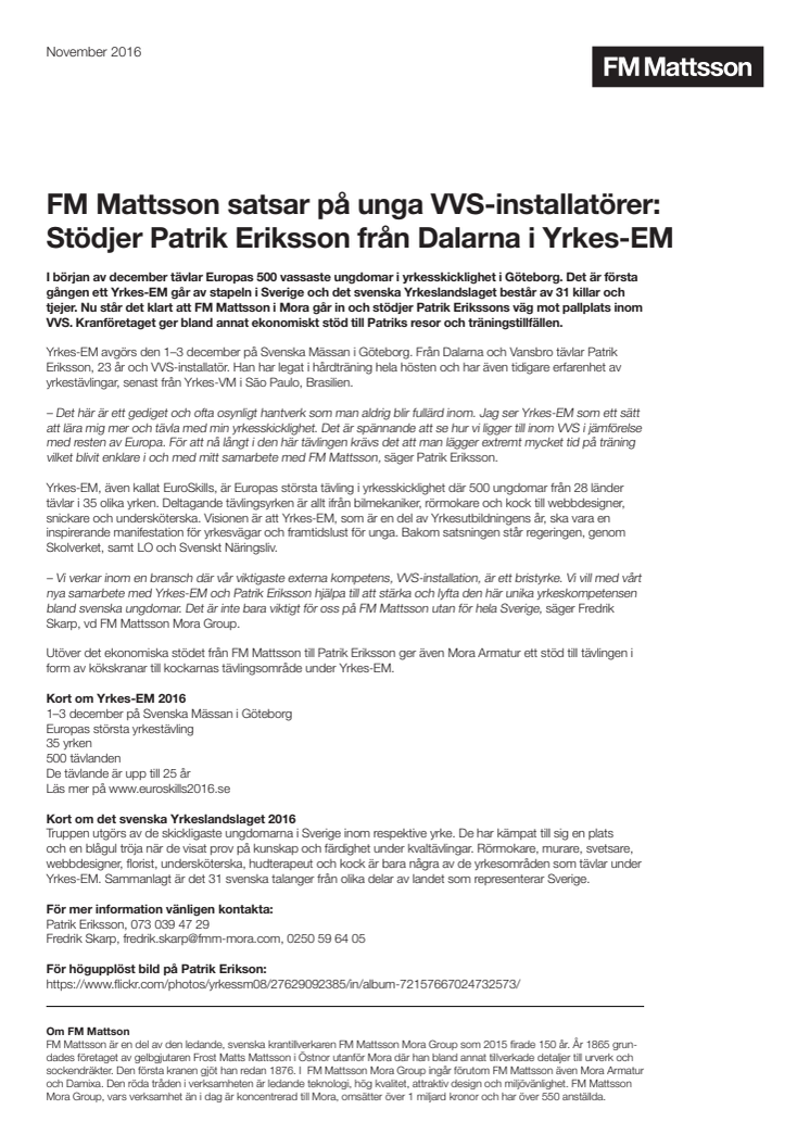FM Mattsson satsar på unga VVS-installatörer: Stödjer Patrik Eriksson från Dalarna i Yrkes-EM