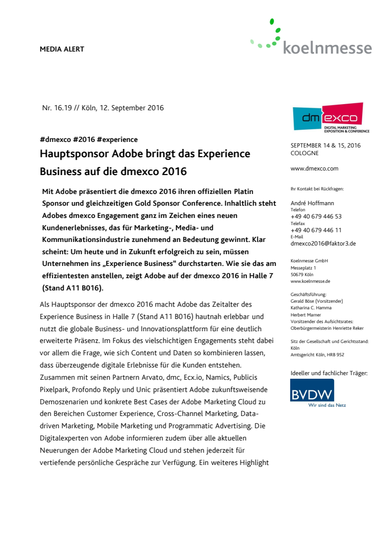 Hauptsponsor Adobe bringt das Experience Business auf die dmexco 2016