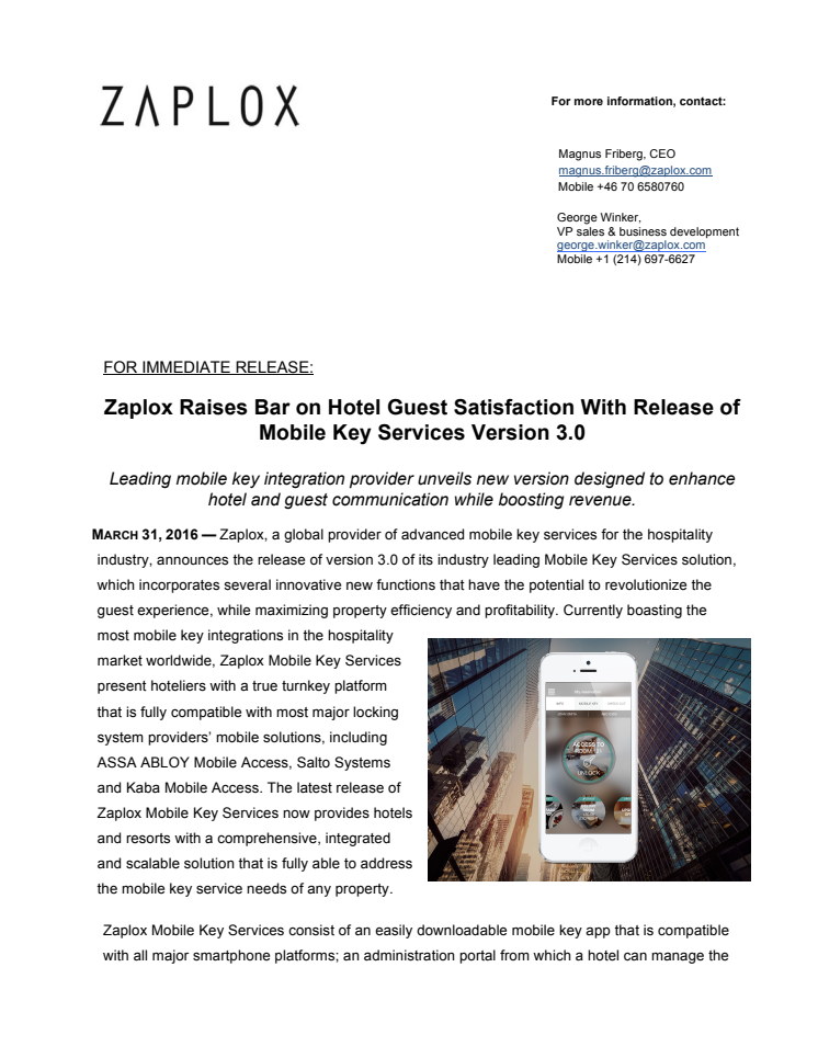 Zaplox Raises Bar on Hotel Guest Satisfaction With Release of Mobile Key Services Version 3.0 