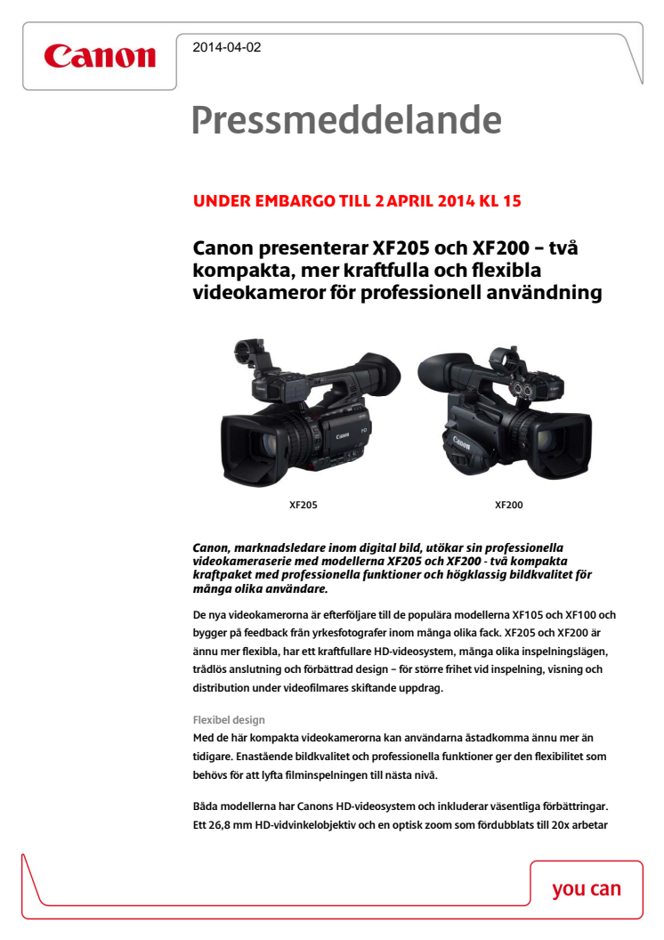 Canon presenterar XF205 och XF200 – två kompakta, mer kraftfulla och flexibla videokameror för professionell användning