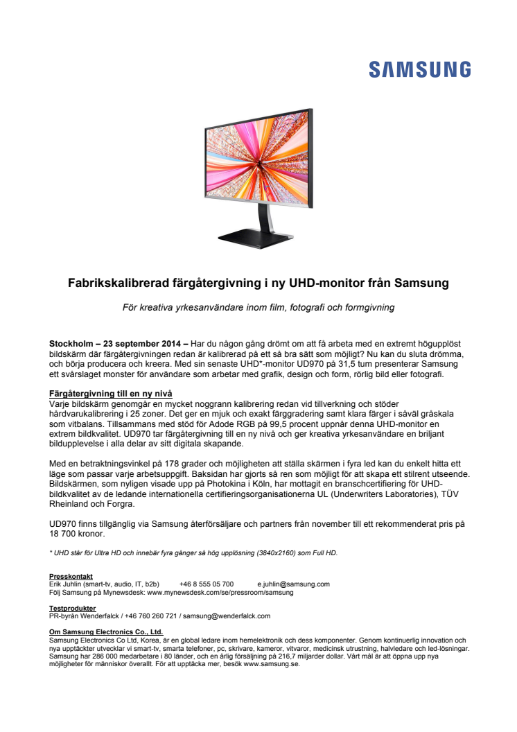 Fabrikskalibrerad färgåtergivning i ny UHD-monitor från Samsung